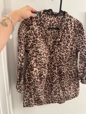 Leopard Print V-Neck Women's Blouse - Brown